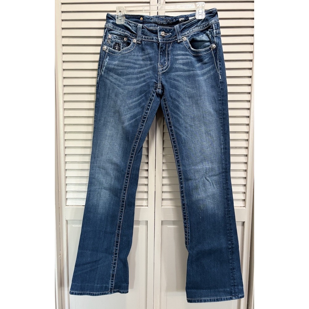 Miss Me Bootcut Jeans Zip Low Rise Embroidery/Gems Logo Size 29 Boho/Western